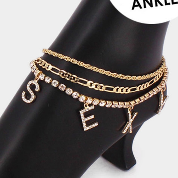 Gold Chain SEXY Dangle Charm Pendant Three Layered Anklet Metal Word Rhinestones - Picture 2 of 2